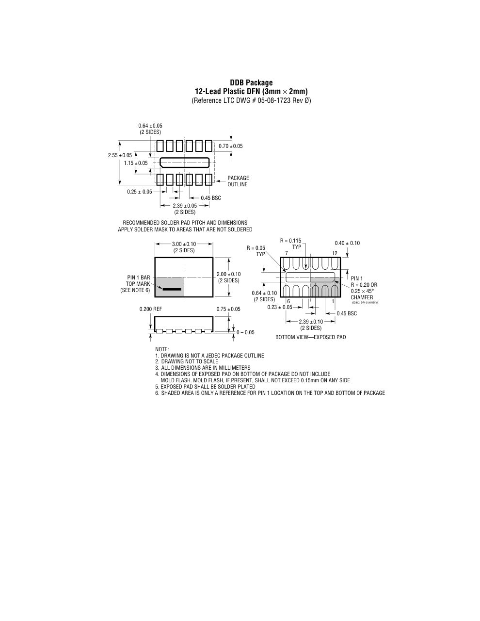 LTC3670EDDB#TRMPBF — Manufacturer package outline drawing - not a product photo, 12-Lead DFN (3mm x 2mm w/ EP)