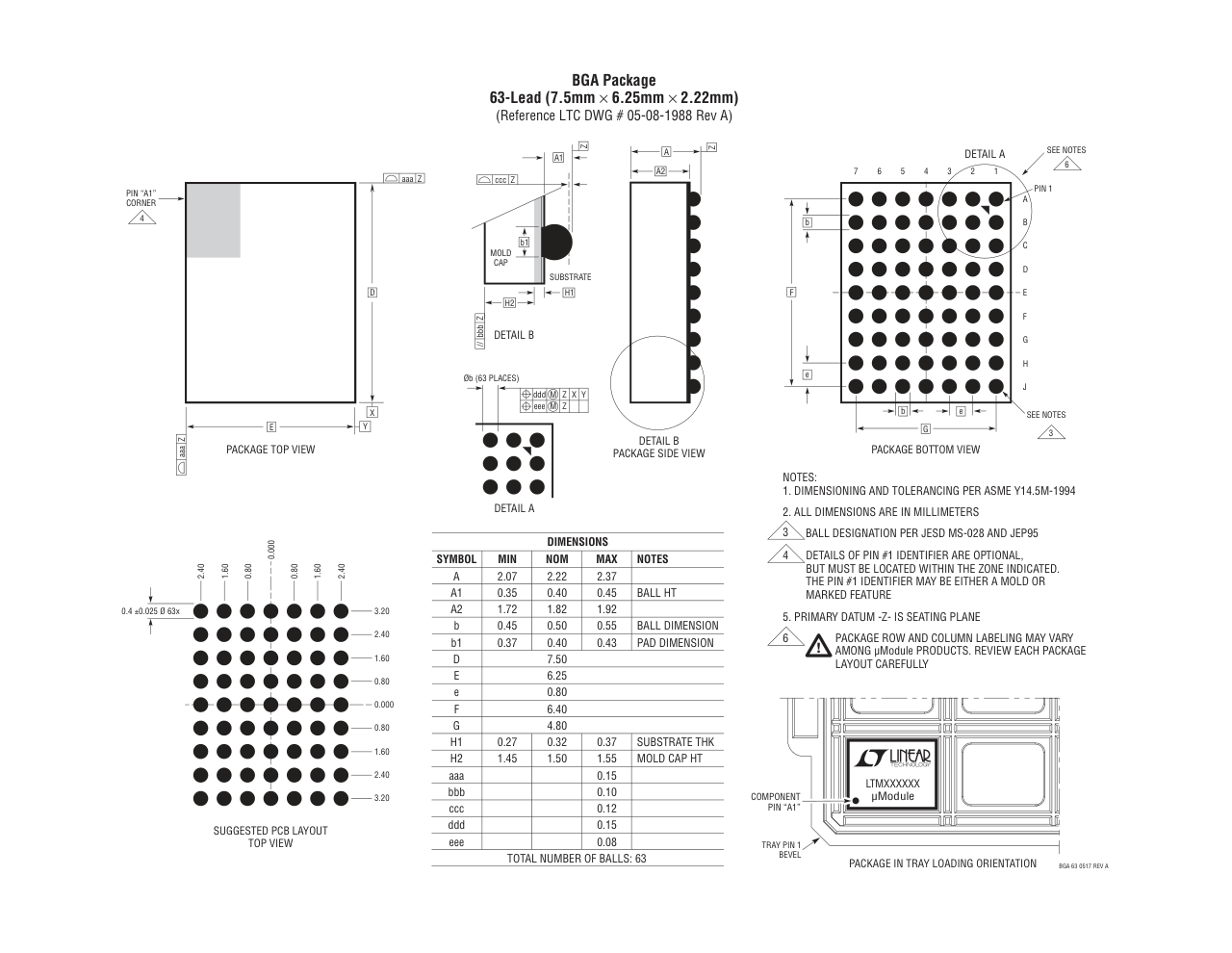 LTC7130EY#PBF — Manufacturer package outline drawing - not a product photo, 63-Lead BGA (7.5mm x 6.25mm x 2.22mm)