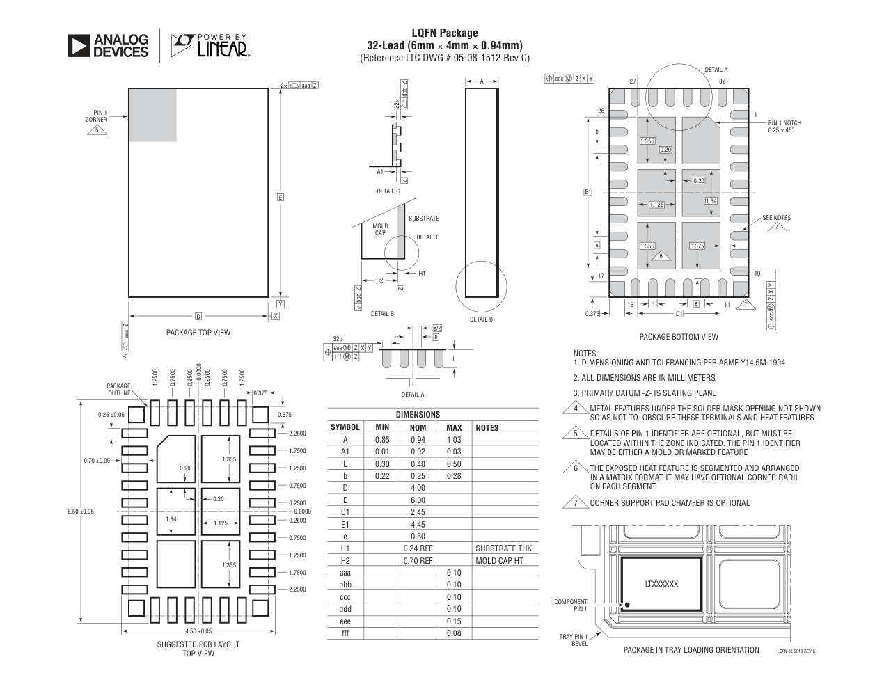 LT8646SEV#PBF — Manufacturer package outline drawing - not a product photo, 32-Lead LQFN (6mm x 4mm x 0.94mm w/ EP)