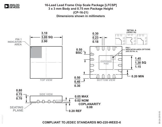 ADA4304-4ACPZ-R7 — Manufacturer package outline drawing - not a product photo, 16-Lead LFCSP (3mm x 3mm w/ EP)