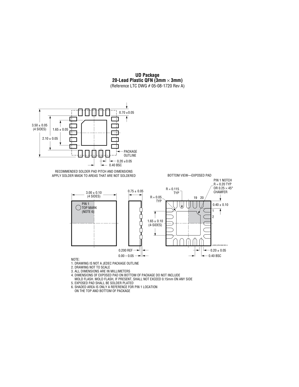 LTC3558EUD#PBF — Manufacturer package outline drawing - not a product photo, 20-Lead QFN (3mm x 3mm x 0.75mm w/ EP)