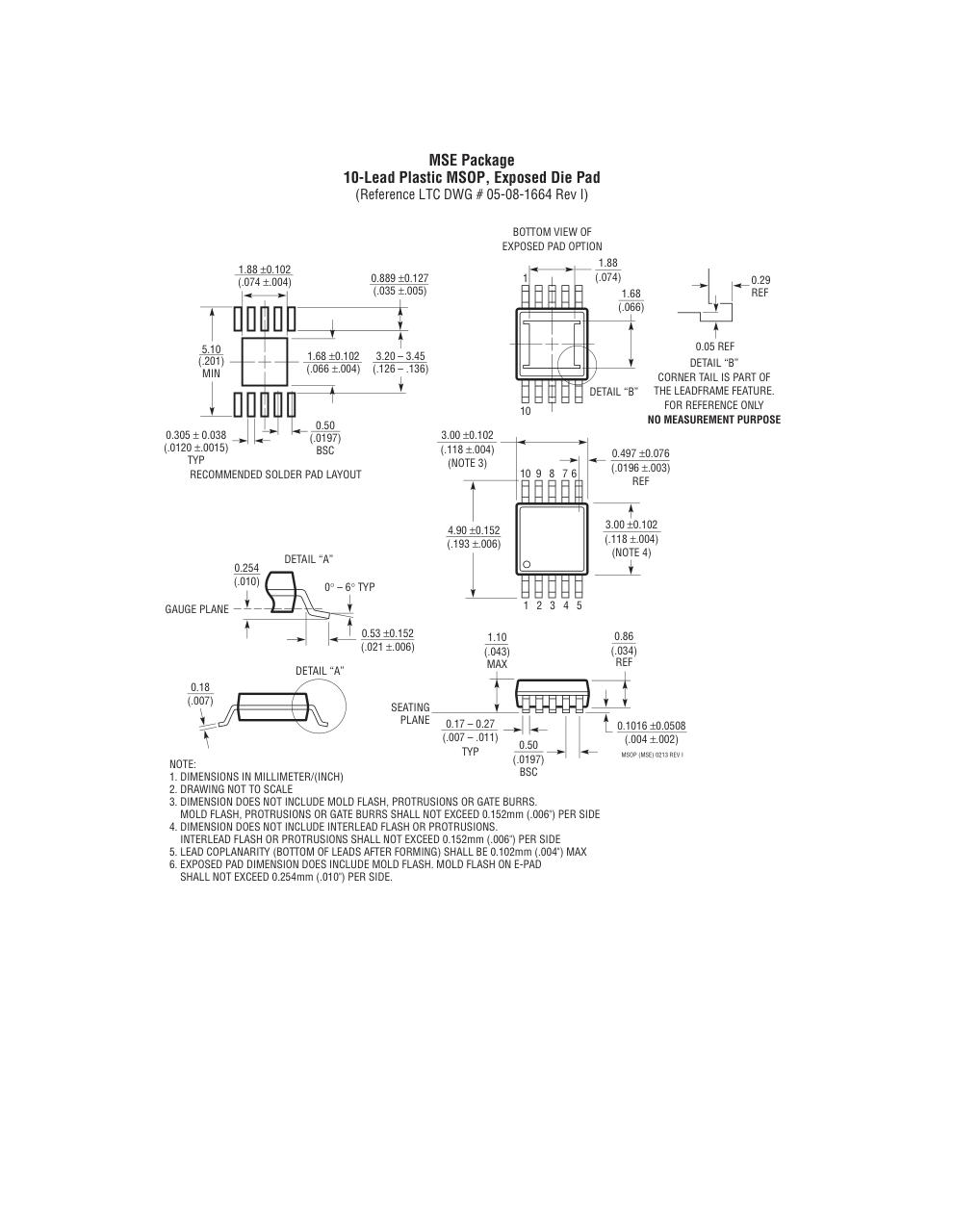 LTC3824EMSE#TRPBF — Manufacturer package outline drawing - not a product photo, 10-Lead MSOP w/ EP