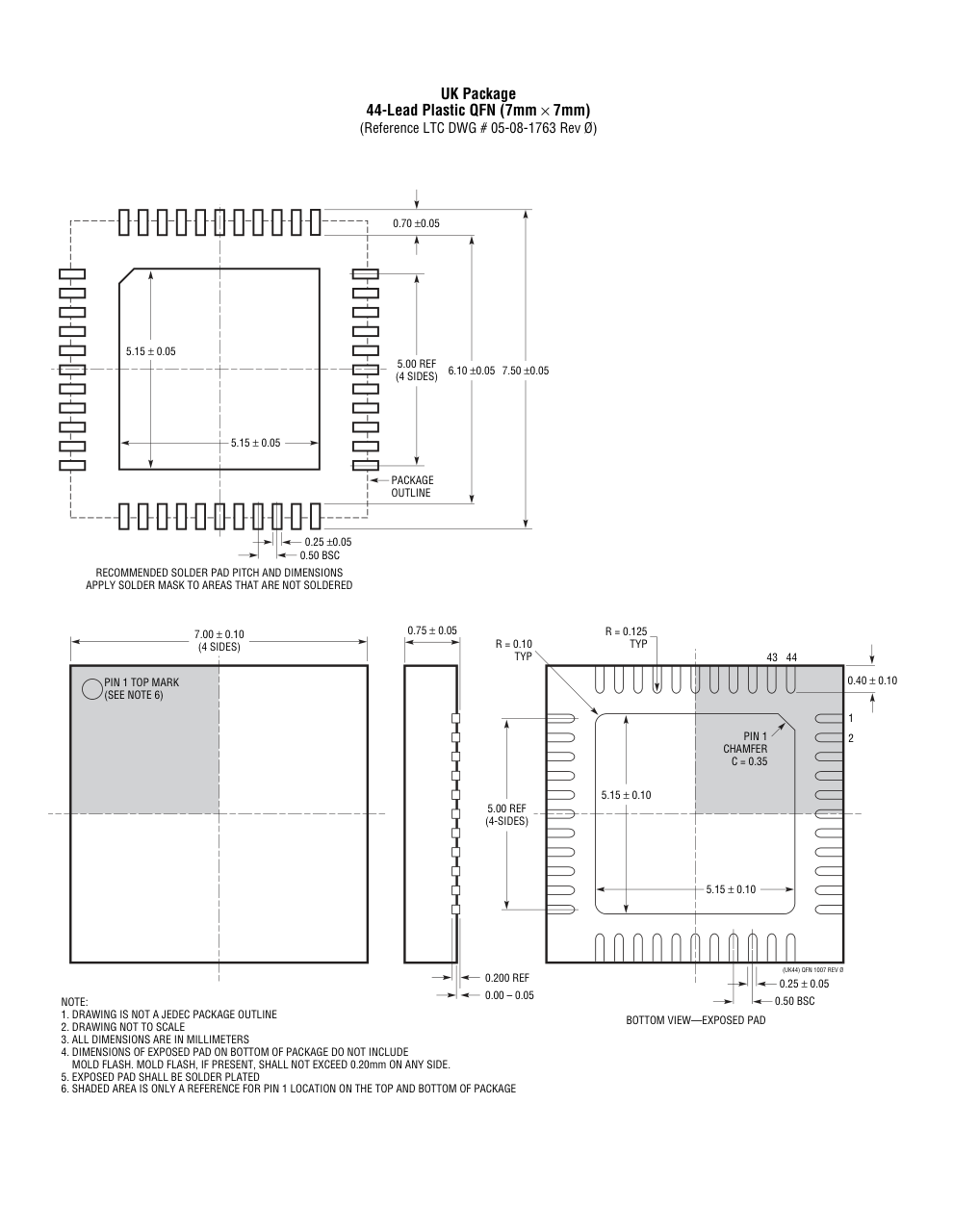 LTC3877EUK#PBF — Manufacturer package outline drawing - not a product photo, 44-Lead QFN (7mm x 7mm x 0.75mm w/ EP)
