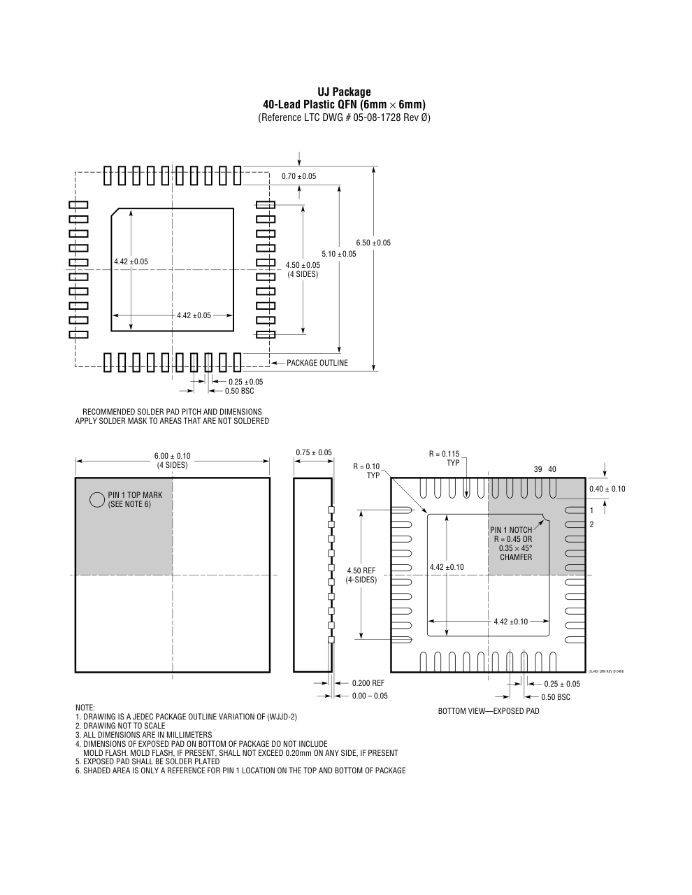 LT8603EUJ#PBF — Manufacturer package outline drawing - not a product photo, 40-Lead QFN (6mm x 6mm x 0.75mm w/ EP)