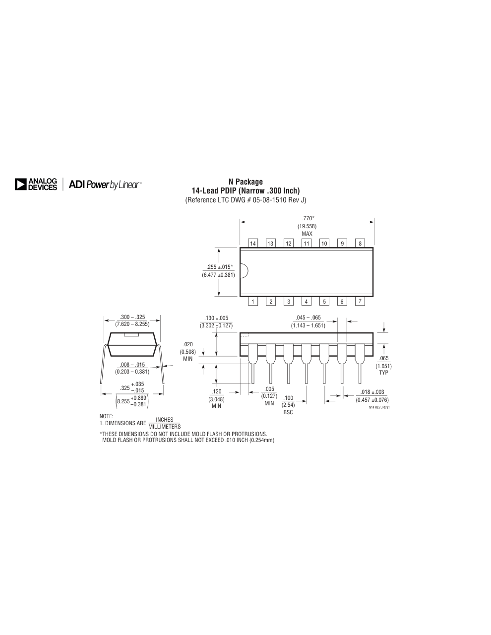 LT1254CN#PBF — Manufacturer package outline drawing - not a product photo, 14-Lead PDIP (Narrow 0.3 Inch)