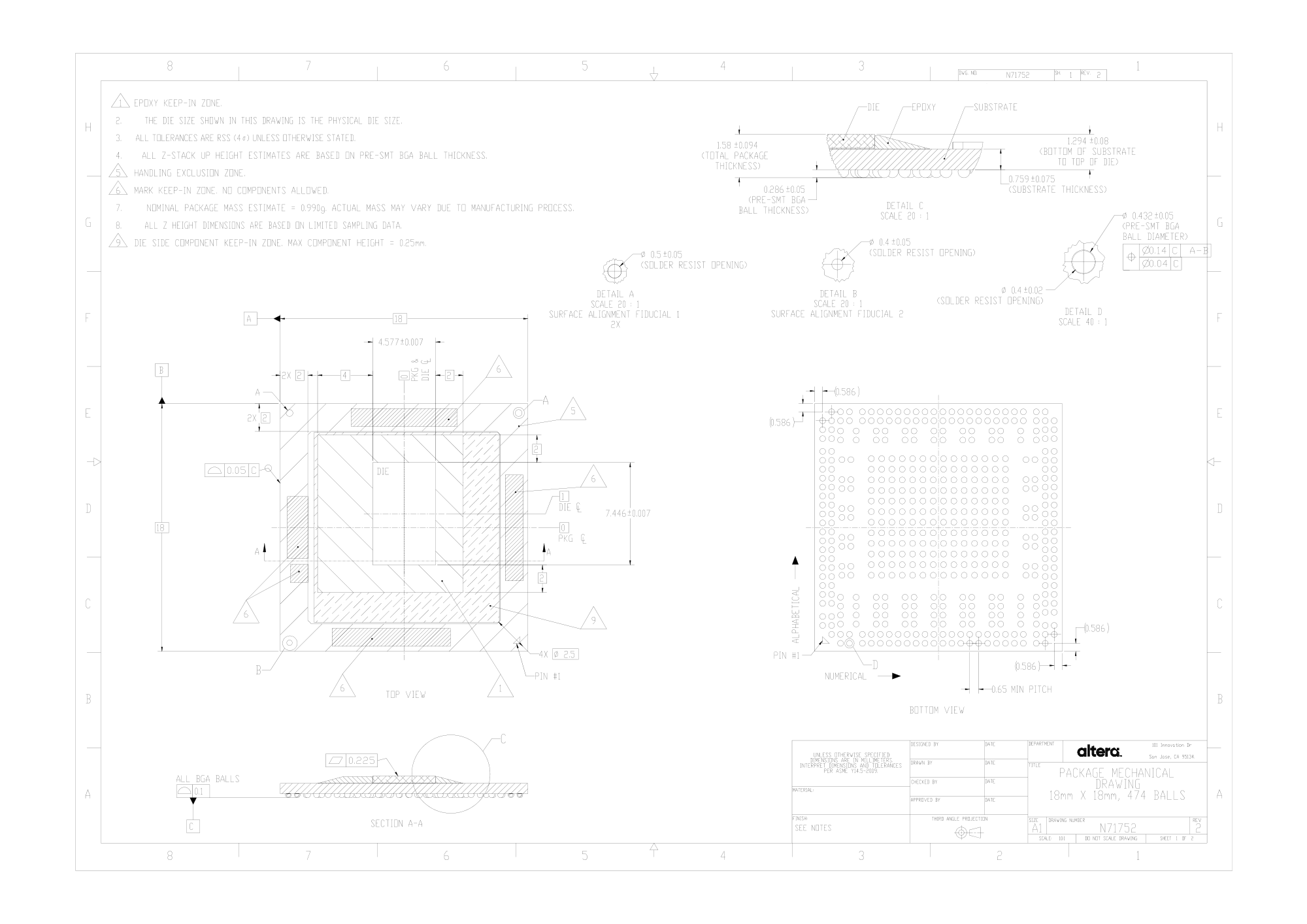 A3CZ025BB18AE7S — Manufacturer package outline drawing - not a product photo, VPBGA B18A, 474 terminals, 18 x 18 mm